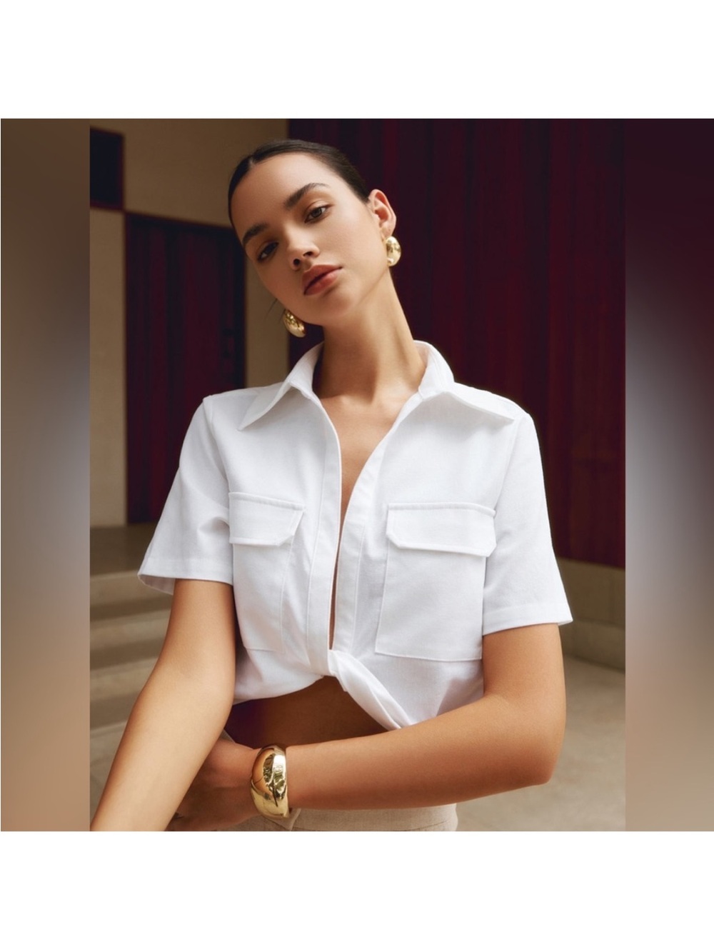 NWT Commense White Cropped Button-Front Short Sleeve Top